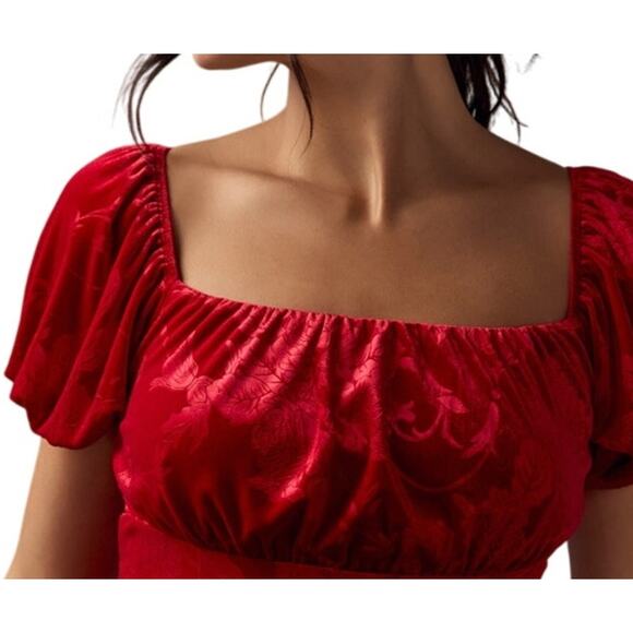 Francesca's Women's Large Red Lois Velvet Jacquard Short Puff Sleeve Mini Dress - Picture 4 of 7